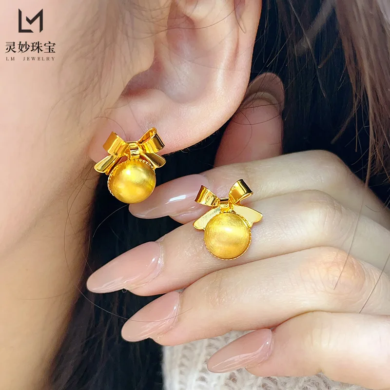 

9999 24K Real Gold Luxury Jewelry Ball Bow Ears Stitched Gold Earrings Retro Fashion Gifts for Girlfriend