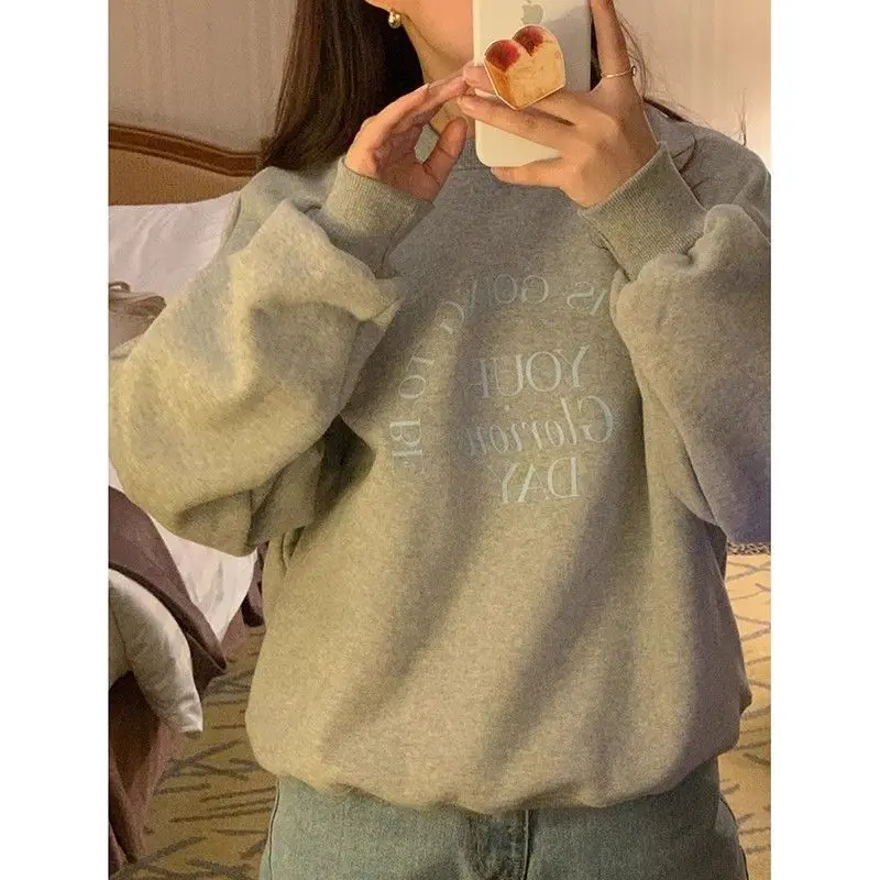 Women\'s Clothing Round Neck Solid Color Pullover Lantern Long Sleeve Letter Embroidered Spring Autumn Fashion Flattering Tops