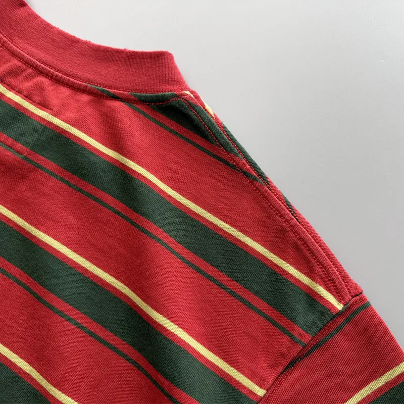 American Vintage Stiff Loose-fit Frayed-edge Heavyweight 320gsm 100% Cotton Washed Striped T-shirt for Men Summer Oversize Tees