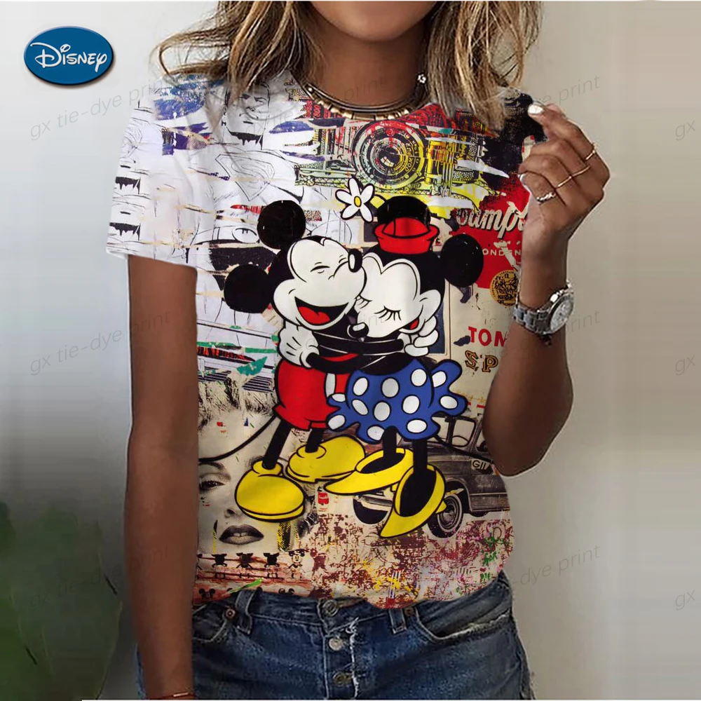 Kaus Disney lucu untuk wanita, t-shirt lengan pendek motif kartun Stitch grafis Mickey Mouse, pakaian kasual modis bercetak