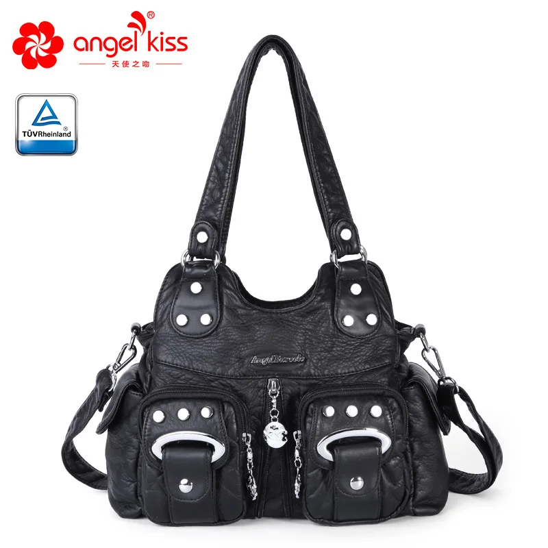 Angelkiss Women Handbag Fashion Small PU Shoulder Bag Soft Hobos Messenger Top-handle Bag Tote Satchel Front Pockets  Purse