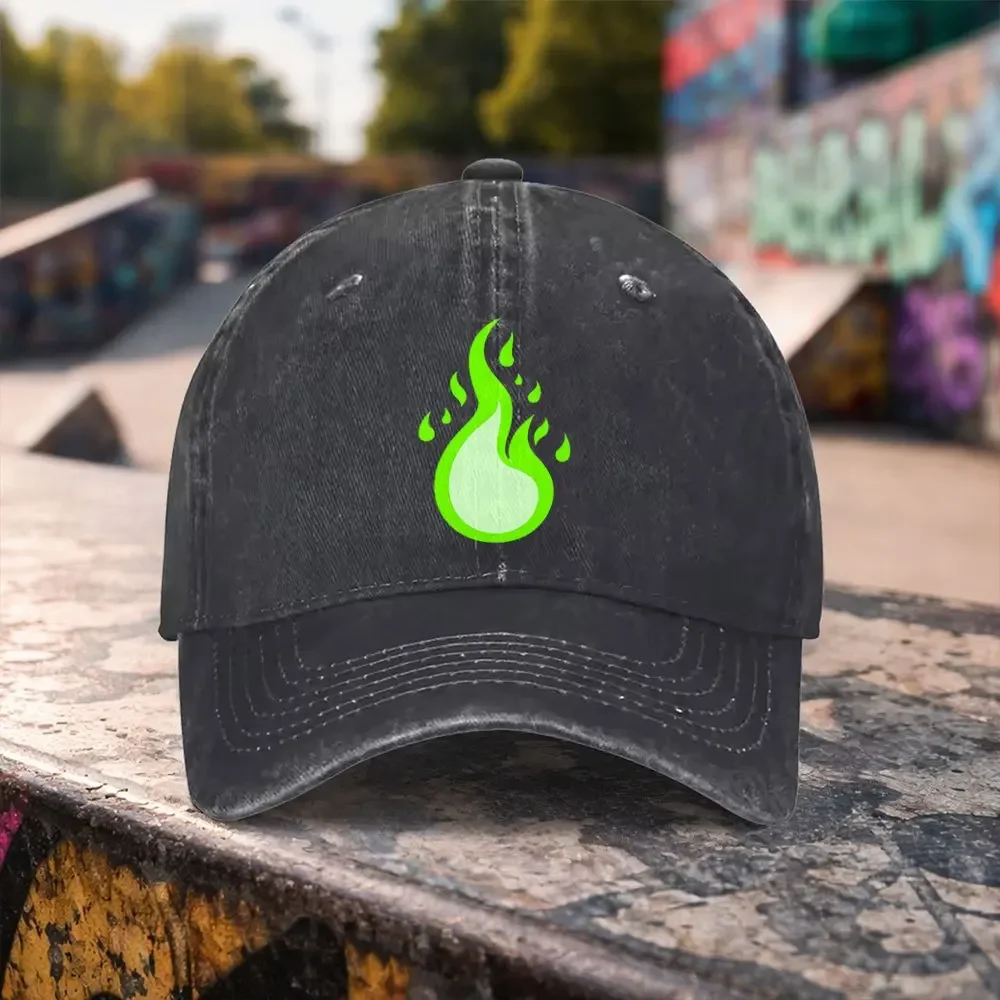 1pc Casual Fashion Green Flame Print Washed Baseball Cap Premium Versatile Outdoor Accessory Unisex Duckbill Hat Suitable for Ou