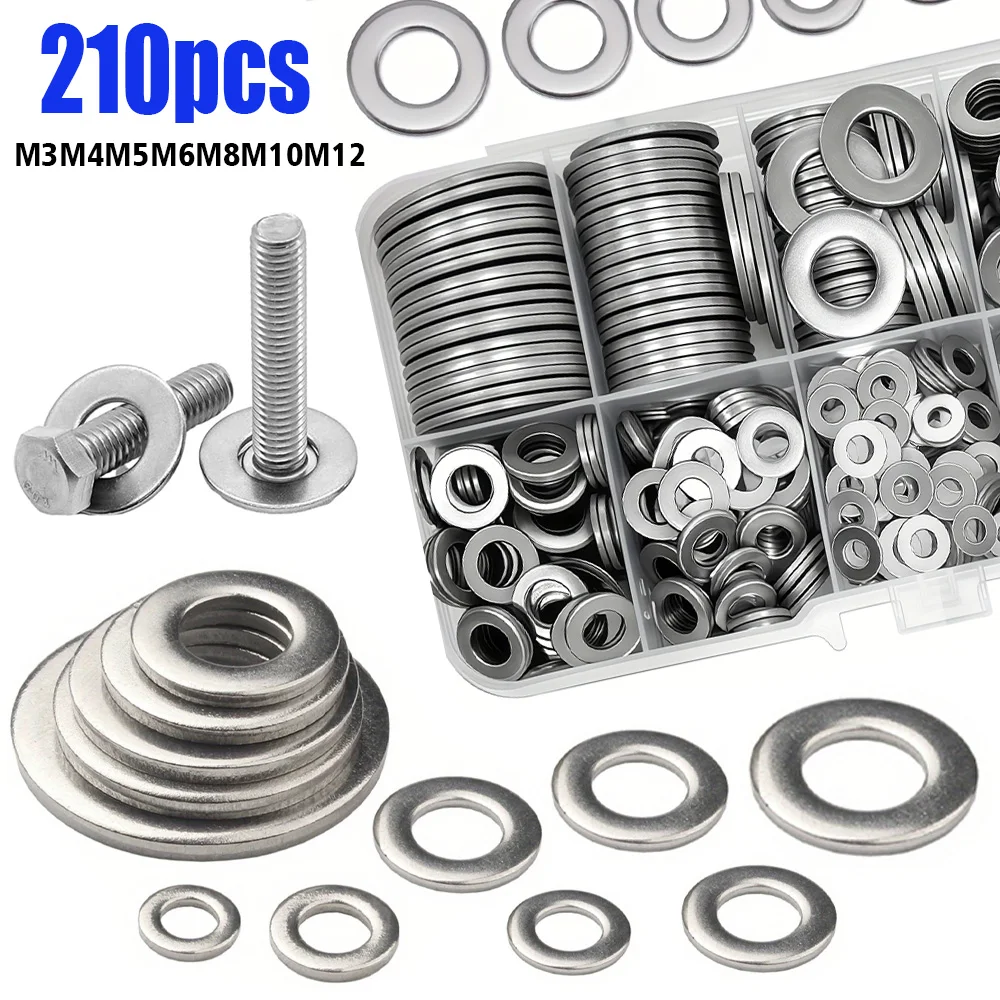 210-piece stainless steel flat washer set M3 M4 M5 M6 M8 M10 M12, for home, kitchen, shop and outdoor building maintenance.