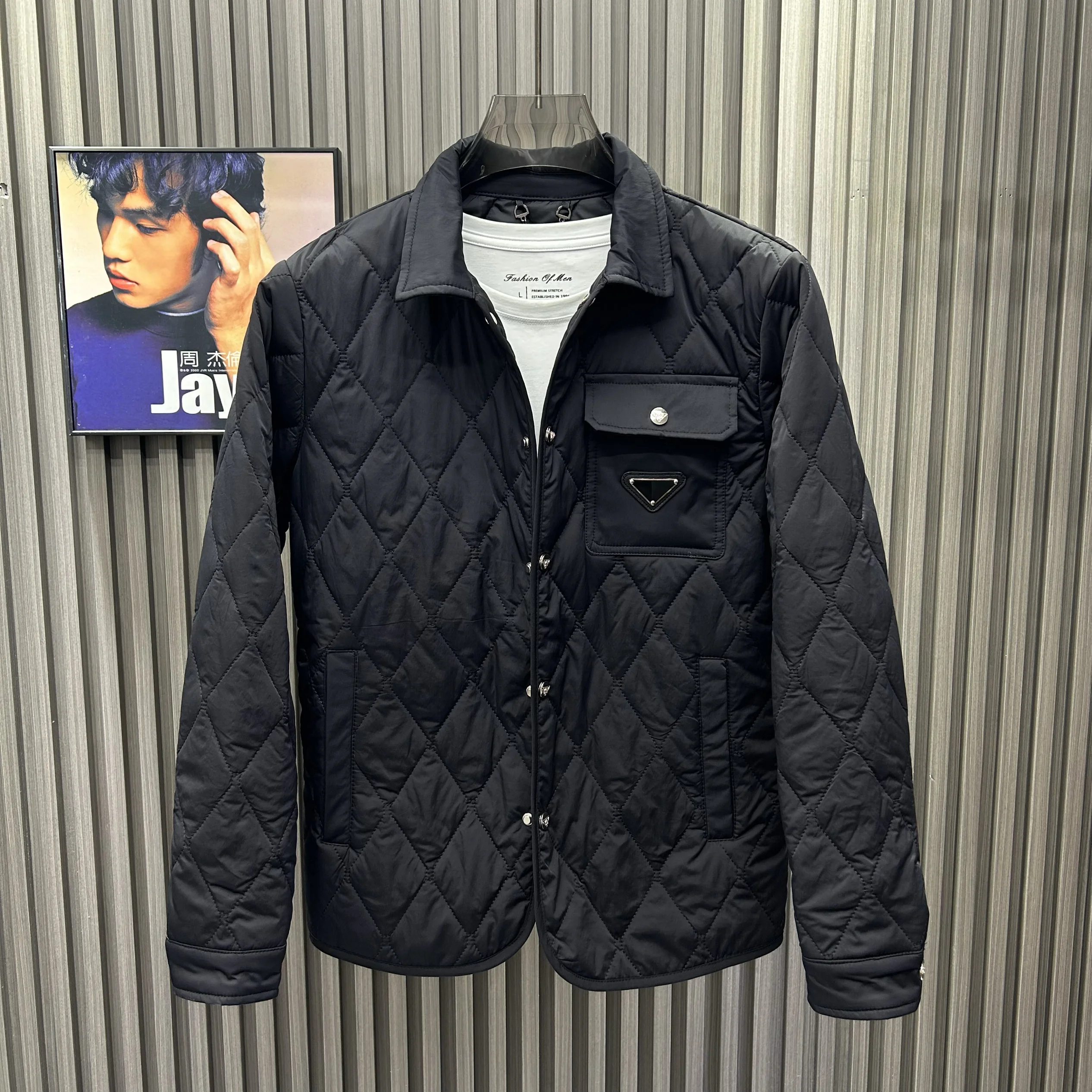 Winter New Style Slim Fit Cotton Jacket Diamond Pattern Turn-down Collar Men's Fashionable Casual Coat Warm Thick Polyester