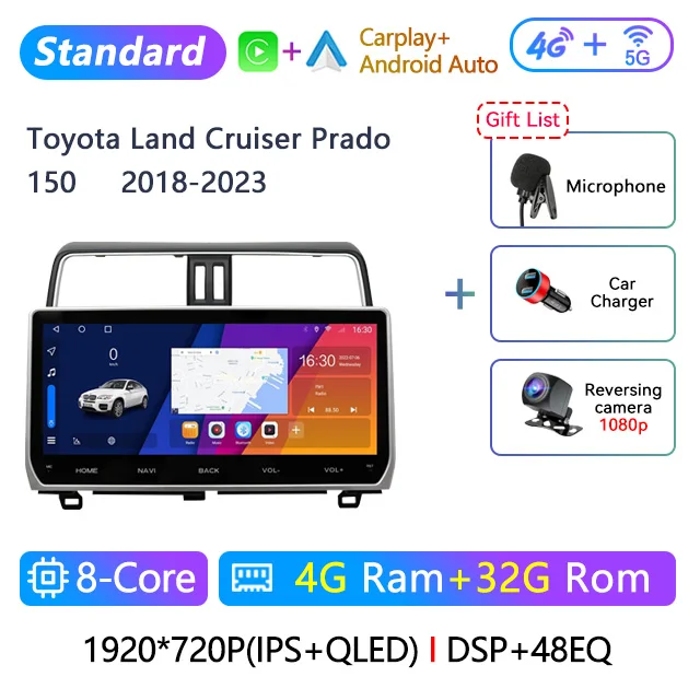 12.3 inch 2 Din Android Car Stereo Radio For Toyota Land Cruiser Prado 150 2018 2019 2020 2021 2022 2023Multimedia Video Player Navigation GPS Carplay Autoradio Head Unit DVD Player With Screen
