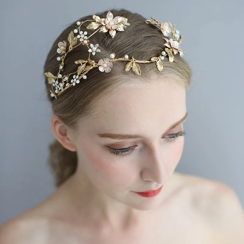 Gold Color Leaf Floral Wedding Tiara Hair Crown Rhinestone Accessories Handmade Bridal Headband Women Party Headpiece