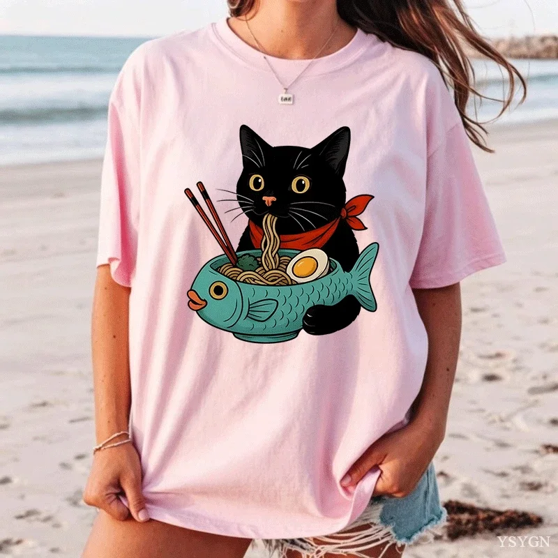 Cat Lover T Shirt Women Funny Ramen Cat T-Shirt Noodle Kawaii Japanese Food Cats Tee Casual Short Sleeve Round Neck Clothing Y2K