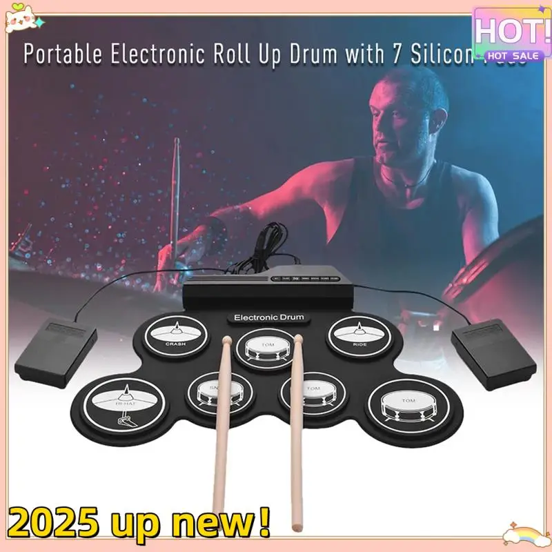 

Classy-Electronic Music Drums Hand Roll USB Drum Black Silica Gel 7-Pad Kit With Drumsticks Sustain Pedal