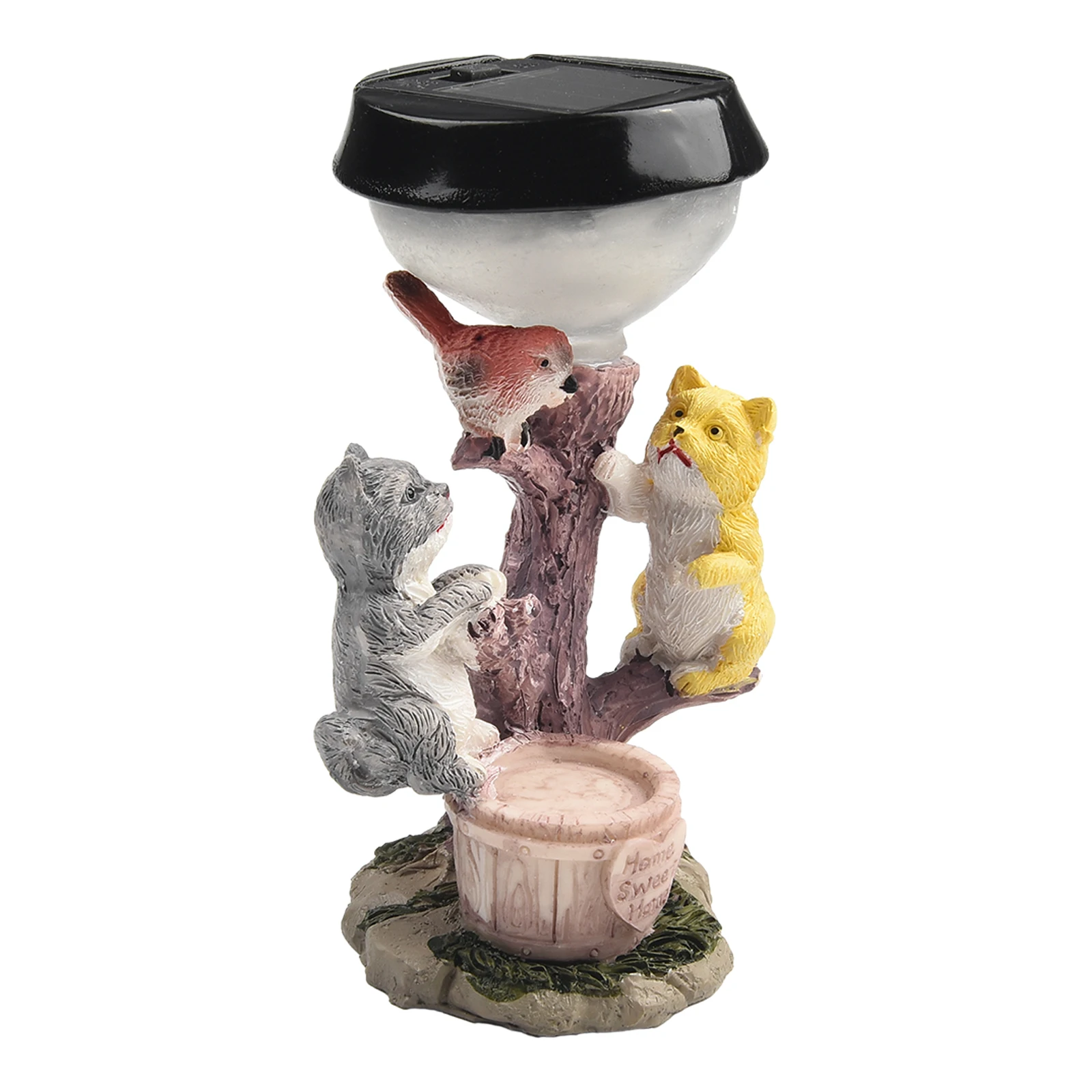 Solar Garden Light Resin Statue with Animated Kittens on Branches Below Bird and Heart-Outlined Base Saying Home Sweet Home