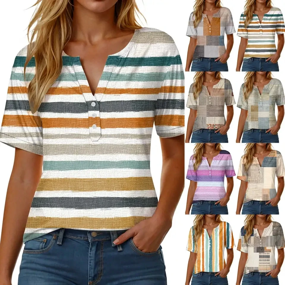 Womens Short Sleeve T-Shirts Fashion Printed V Neck Button T Shirt Female Loose Tunic Tops Summer New Casual Daily Clothes