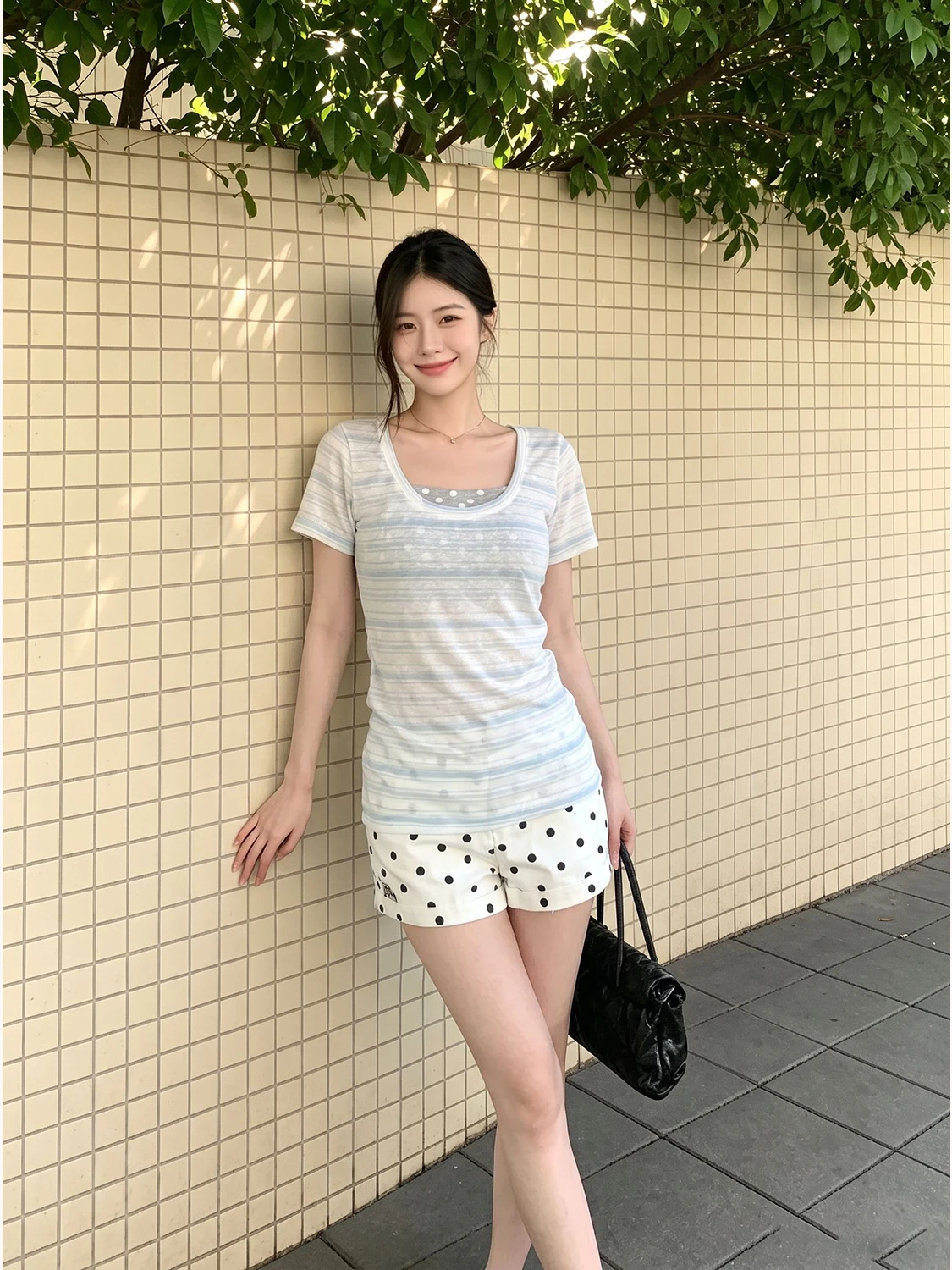 Korean Style Striped Print U-Neck Short Sleeve T-Shirt Women's Early Autumn Semi-Transparent Camisole Tube Top Two-Piece Set Top