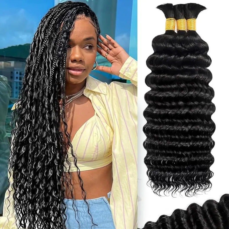 Capelli umani intrecciati ricci a onda profonda 12A per trecce Boho Capelli umani vergini brasiliani non trattati sfusi per intrecciare senza trama 95G