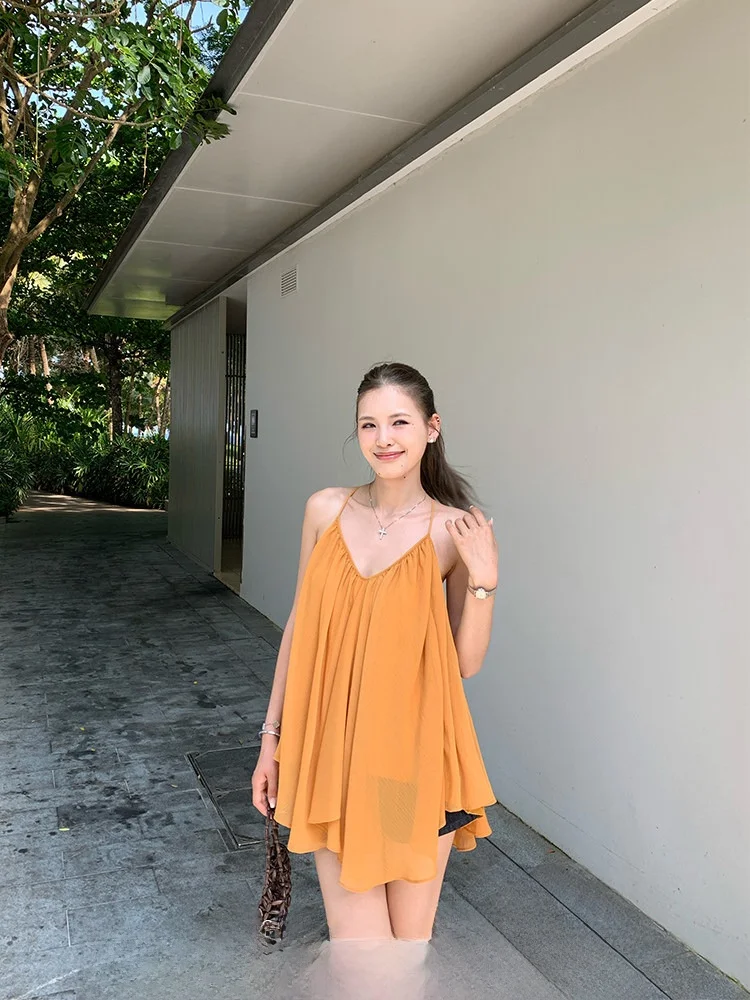 

Новый женский летний шифоновый топ Ele V-ne Chiffon Svel Vest в стиле Xzichic Cool Fairy Aosphere без бретелек, французский стиль, свободный крой