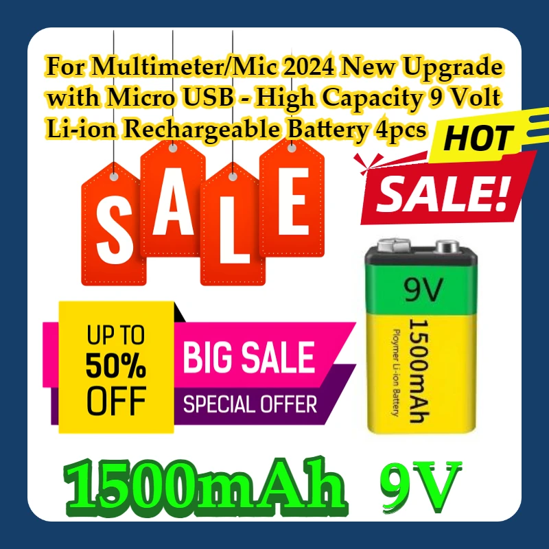 

For Multimeter/Mic 2024 New Upgrade 9V 1500mAh with Micro USB - High Capacity 9 Volt Li-ion Rechargeable Battery 4pcs