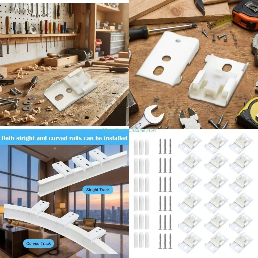 E74E 18Pcs Curtain Support Ceiling Mounting Brackets Curtain Track Top Mount Hardware