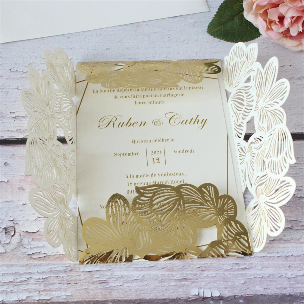 

Metalic Gold Petal Laser Cutting Invitation Card Pocket For Wedding Birthday House Warming Custom Invite Design 50pcs