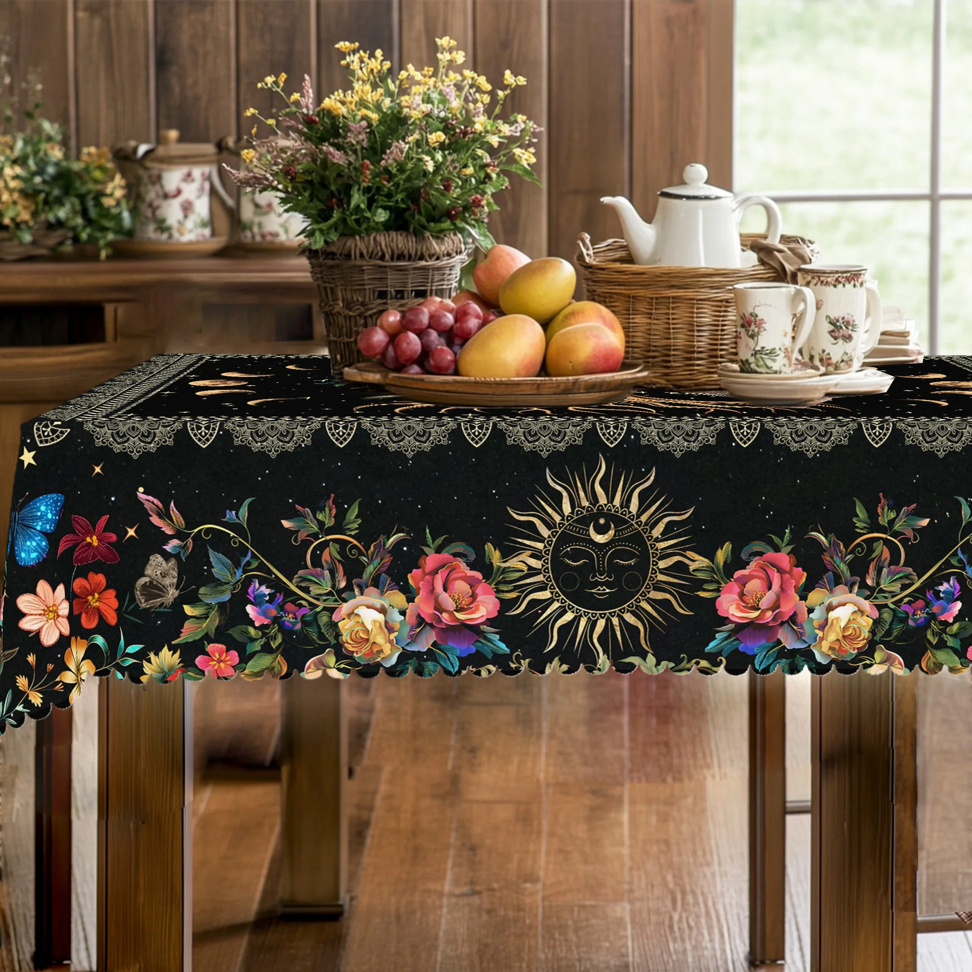 1 مفرش طاولة مزخرف بطابع شجرة الحياة التارو، مفرش طاولة مطبوع بنمط طاقة غامض للشمس والقمر، ديكور مفرش طاولة اللعبة، عملية نقش الحواف، مناسبة لتزيين المنزل الرئيسي