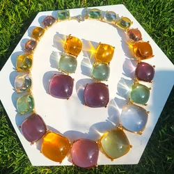 Bohemian Ethnic Style Resin Square Shape Colorful Earrings & Necklace Jewelry Set Personality Party Favors For Women