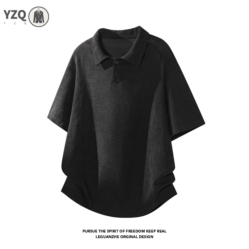 Men Partial Button Polo Collar Short Sleeve Top Bubble Waffle Knit Weave Relaxed Oversized For Layered Summer Casual Outfit