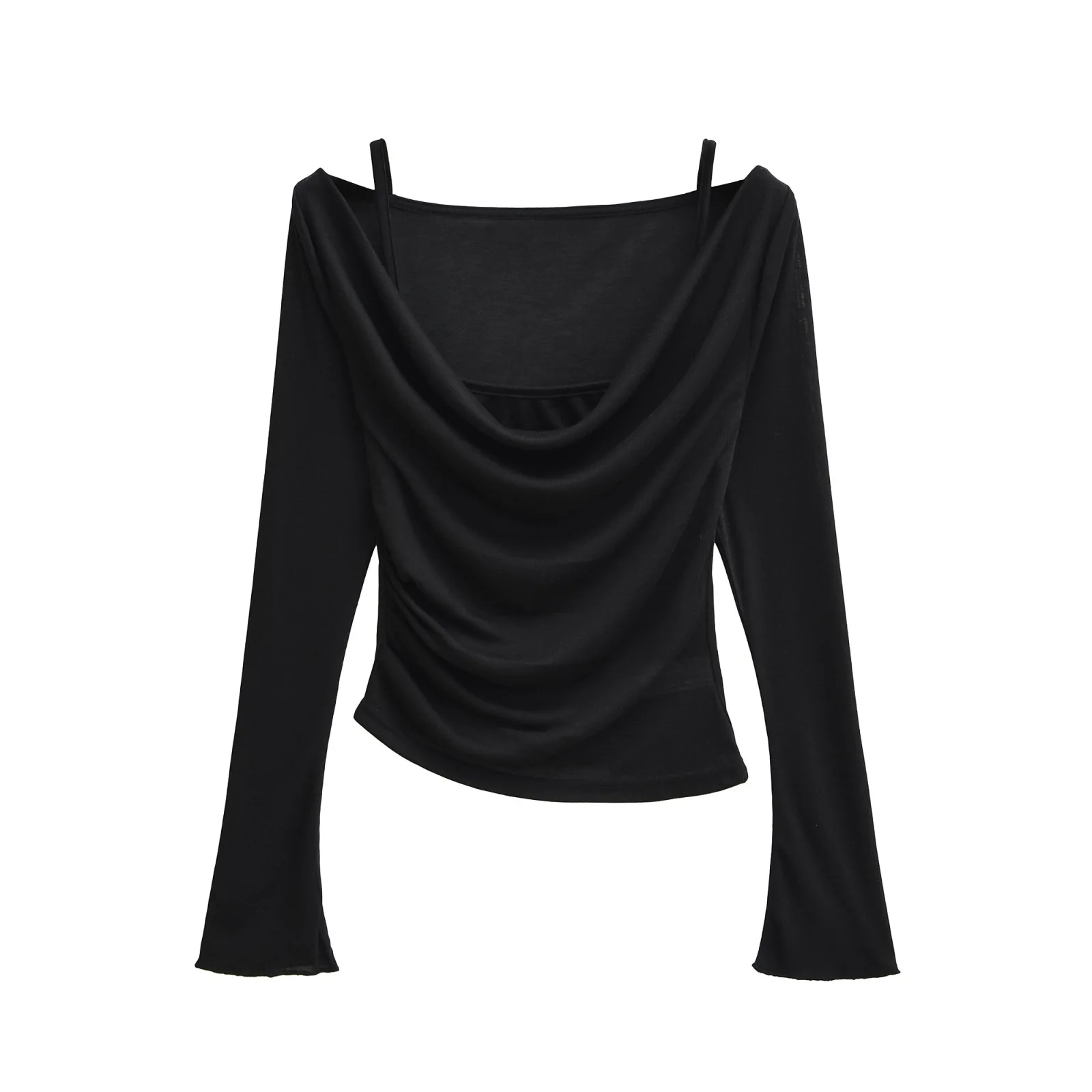 Sexy girl's faux two-piece off-shoulder long-sleeve top 2025 spring collection waist-cinching ruched short T-shirt   XR7B