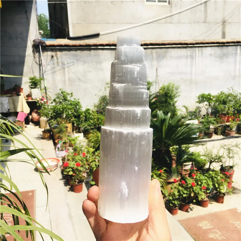 

Natural white selenite gypsum Crystal Tower Skyscraper Castle Clear collection of Moroccan crystal mineral craft statues