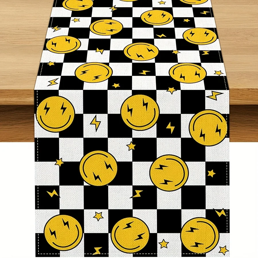 JIT 1 PC Black White Checkered Smiley Table Runner 2D Flat Print Bold Home Decor Dining Table Decoration Playful Charming