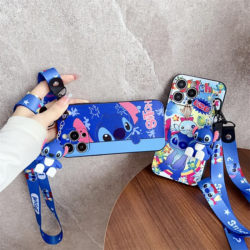 Disney Lustige Cartoon Nette Stich Engel Stretching Stand Lanyard Telefon Fall Für iPhone 12 11 13 14 15 Pro max X XR Weiche TPU Fällen