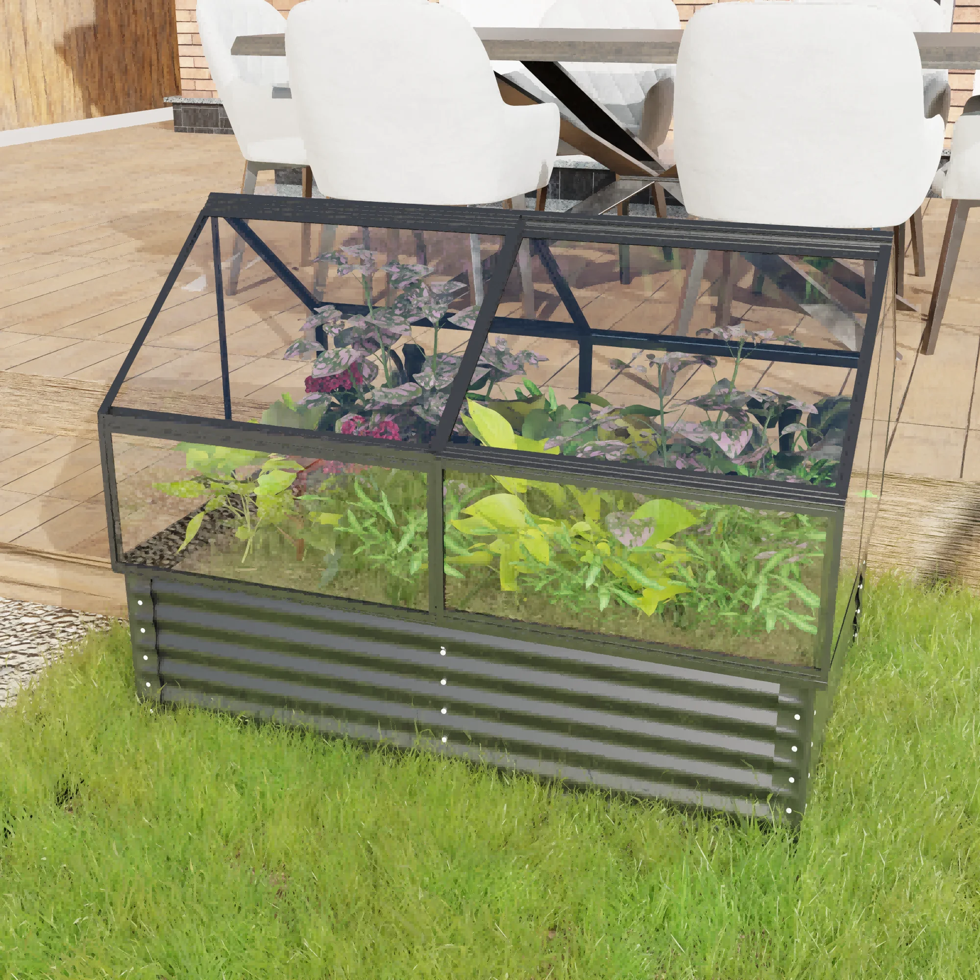 Large greenhouse and outdoor flower bed for growing vegetables, measuring 68.7 inches by 45 inches by 51.5 inches
