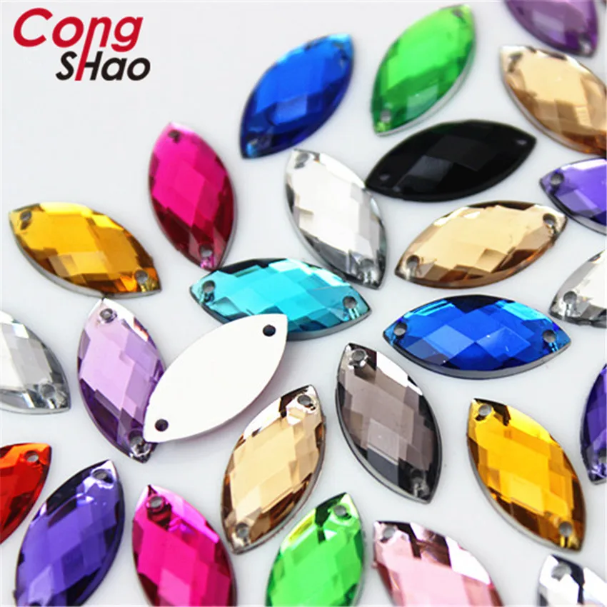 Cong Shao 100pcs 7*15mm Marquise Shape Acrylic Rhinestone Stones And Crystals Gems Flatback Sewing 2 Hole Costume Button WC107