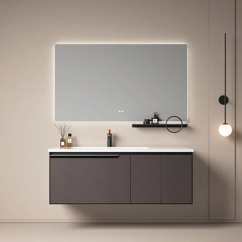 

HYS large size thickened bathroom cabinet with stainless steel door panel combination set washbasin left basin