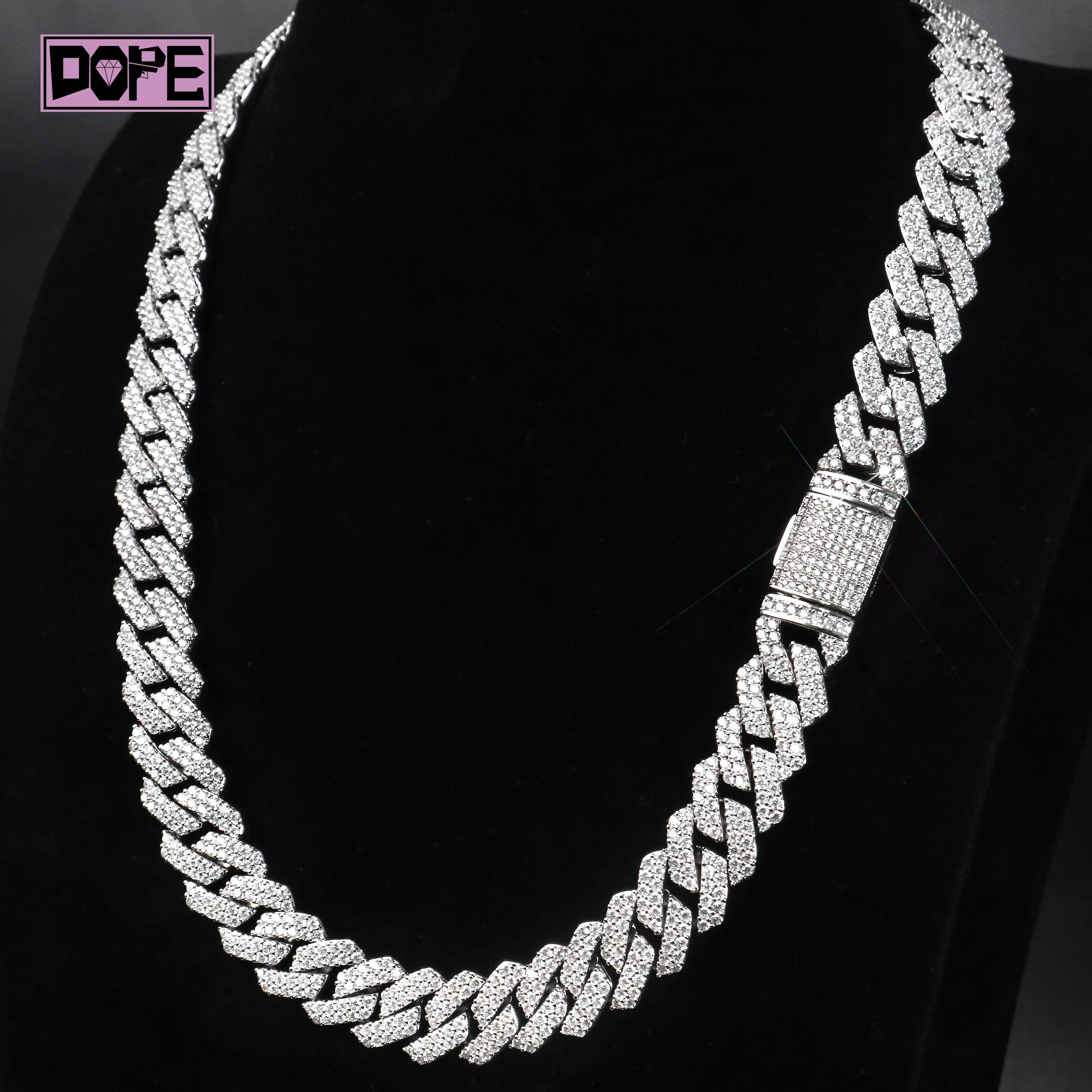 Jewelry Fine 16mm Cuban Link Chain 2 Rows Hip Hop 925 Silver VVS Iced Out Moissanite Cuban Chain..