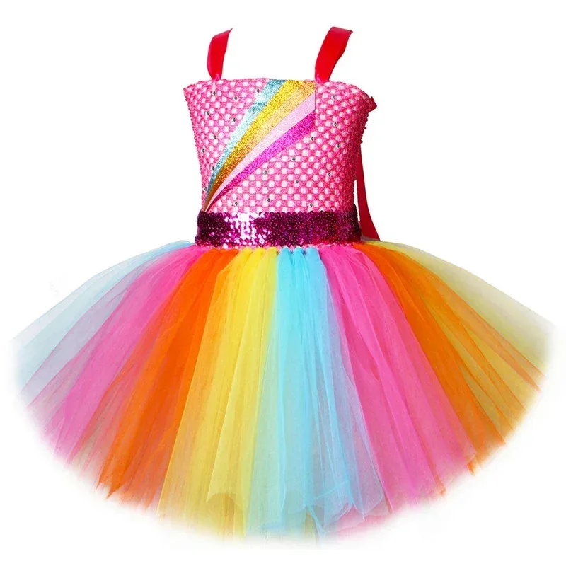 Hot Pink Jojo Siwa Costumes for Girls Rainbow Princess Dresses with Big Bow Hair Clip Kids Birthday Ballet Tutus New Year Ou@0Z*