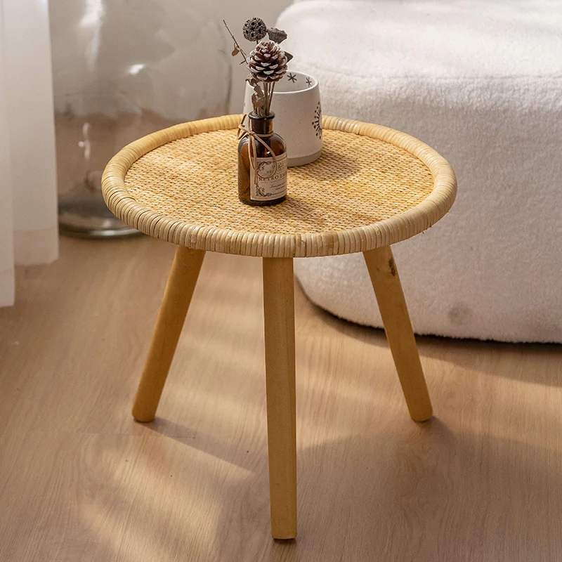 tw-Wooden Woven Side Table Mobile Small Round End Table Minimalist Tea Table Ideal for Bedroom Balcony Three Legs Desk-