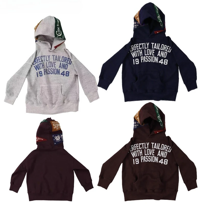 Japanese Trendy Letter Vintage Printed Hooded Fleece Pullover Spring New Boys and Girls Unisex Children's Clothing Hoodie