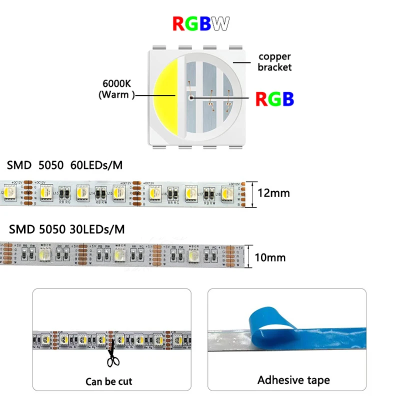 5m pasek dioda LED RGBW 5V 12V kolorowe białe światło RGB 6000K stałe napięcie PWM niskie napięcie SMD5050 4 w 1 elastyczna lampa Bar