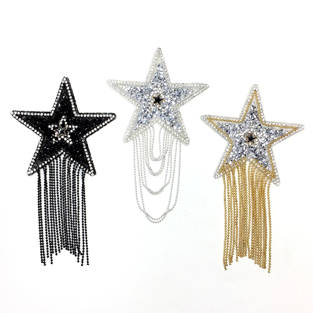 Rhinestone Star Patches with Chains Tassel Badge 6 Mix Color Sparkling Patch Iron on Applique for DIY Clothes Hat Embellishmen