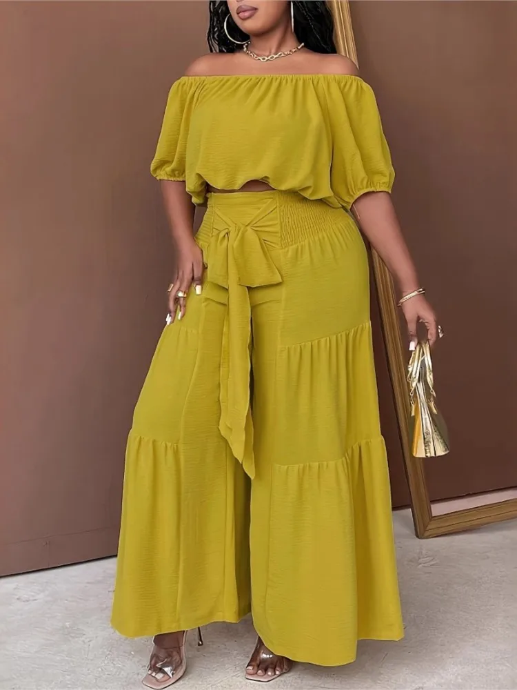 Grande taille été 2 deux pièces ensemble femmes décontracté mode dames recadrée Blouses jambe large ample plissé femme pantalon Long