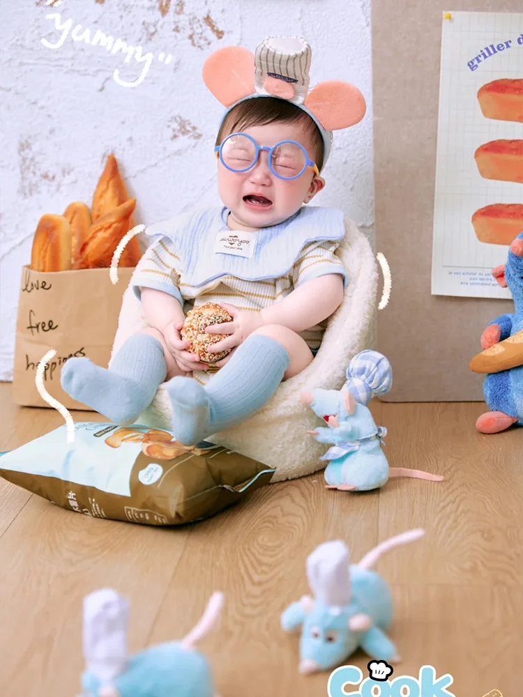 Cute Mouse Chef Baby Photo Props Set Cartoon Little Mouse Chef Outfit Plush Prop for 6-9 Month Baby Milestone Photoshoot Session