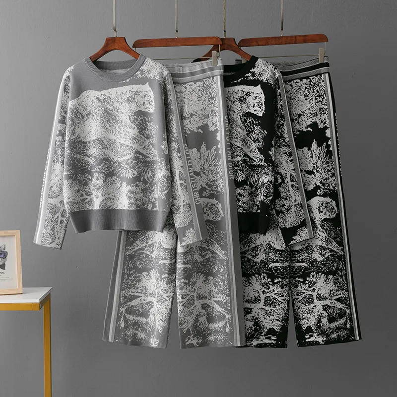 Elegante 2-delige set gebreide dierenprint sets dames o-hals lange mouw truien + wijde pijpen lange broek casual mode lente 2024