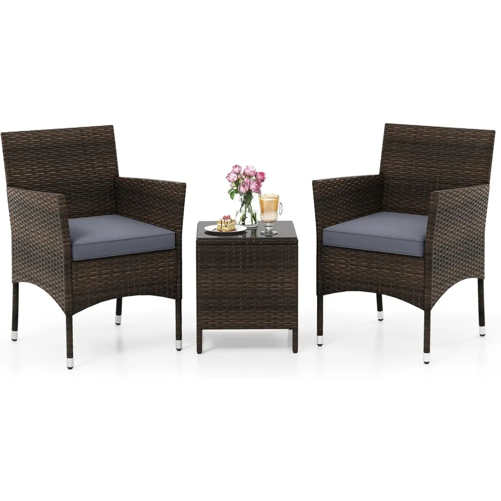 

3-Piece Patio Furniture Set - Rattan Wicker Outdoor Conversation Set w/Cushions & Glass Coffee Table, Balcony Furniture for Por