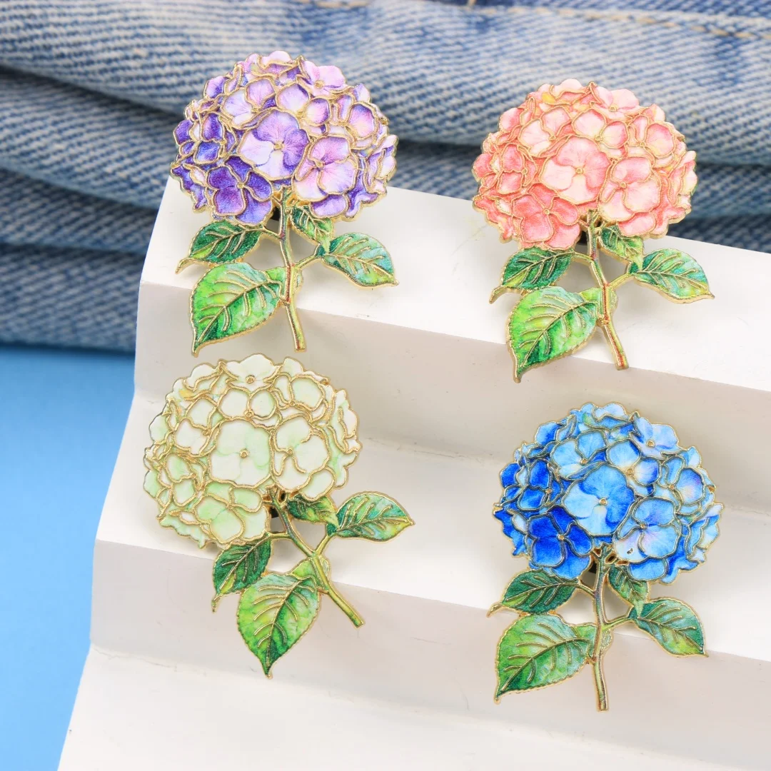 Vibrant Multicolor Hydrangea Enamel Pin Set, Gold Trim Floral Brooches, Elegant Blossom Metal Badges for Jackets, Backpacks Hats