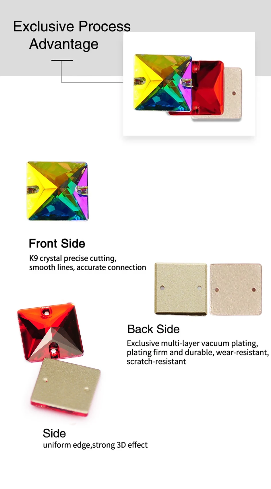 Pubrilex Mehrfarbige AB Quadratische Strasssteine zum Aufnähen, Glitzernde Glaskristalle, 3D DIY Kleidungsdekoration Zubehör – Detail 3