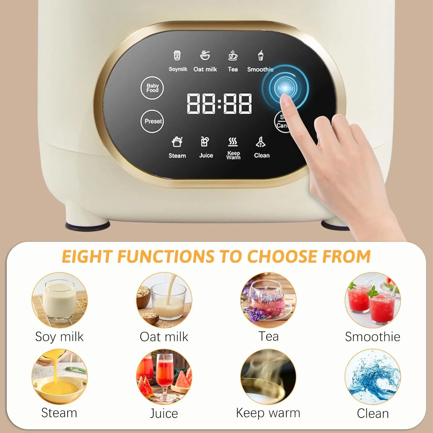 صانع حليب الصويا 8 في 1 مع غطاء عازل للصوت منخفض الضوضاء 50 أونصة/1.5 لتر أوتوماتيكي بالكامل لحليب الصويا وحليب الشوفان وحساء الشاي وعصير باب