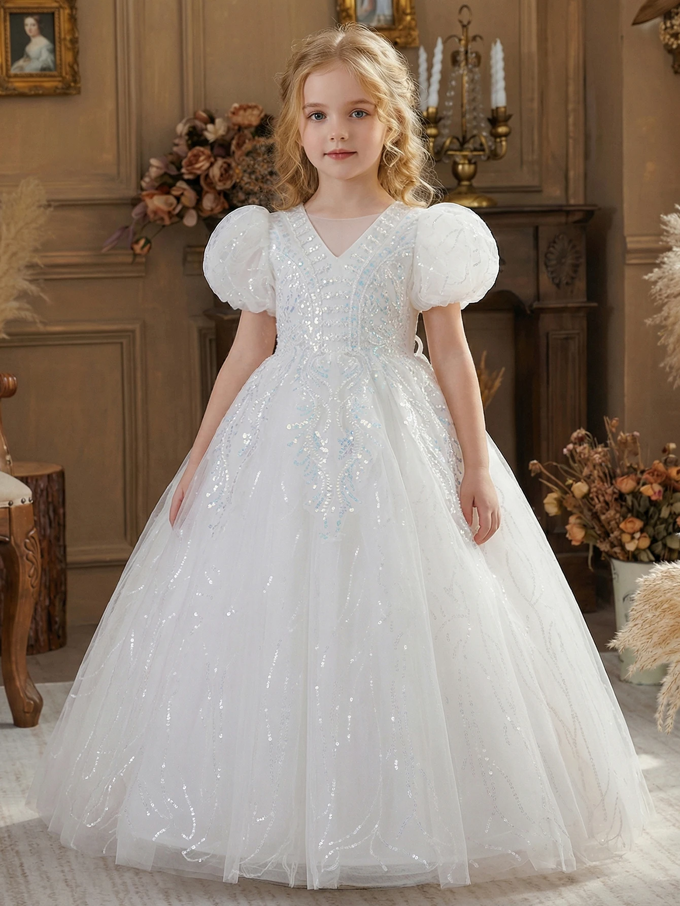 

Платье для девочек-подростков с белыми пышными рукавами и сеткой с пайетками, нарядное платье для свадьбы, дня рождения, торжественных мероприятий, прогулок.