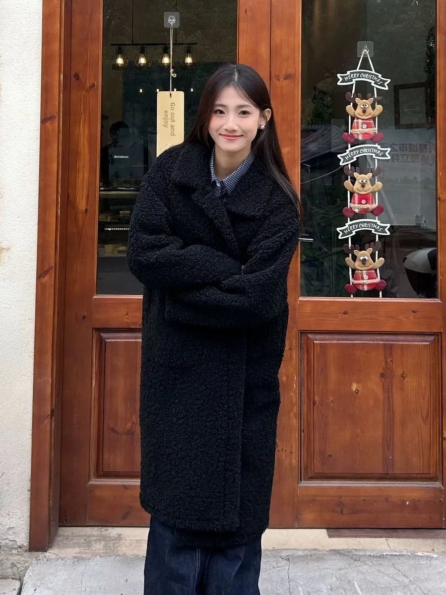 

Luxury Women's Lamb Fur Jaet Faux Fur Leather And Fur Inteated Outerwear Korean Sle Long Sve Mid-Length Coat