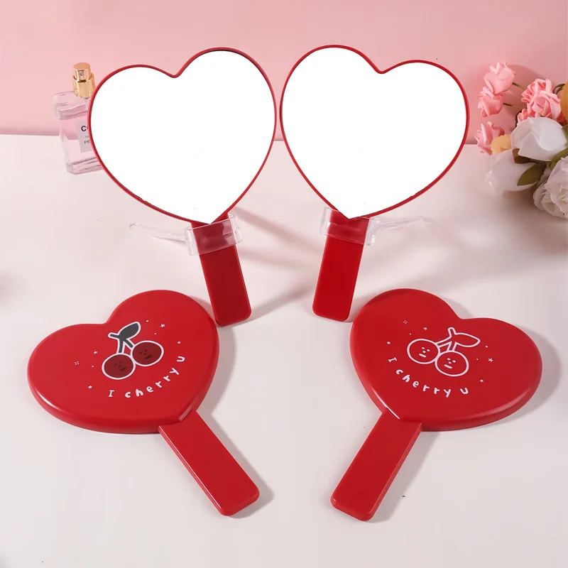 Cherry Love Heart Shaped Makeup Mirror Portable Handheld Red Cosmetic Mirror To Carry Around Beauty Accessories Women Girl Gifts