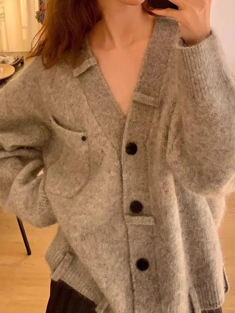 

Мягкий уютный серый вязаный свитер-кардиган женский свободного кроя в стиле оверсайз, осенне-зимняя модная верхняя одежда с длинным рукавом для всех типов фигур
