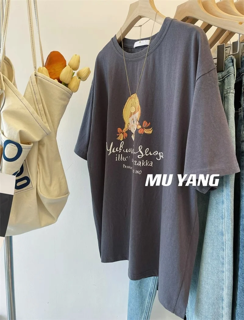 

Plus Size plus Size Cotton ort Sve T-irt for Little Girl Printed Casual Korean Sle round Ne Loose Fit Slimming Top Summer Wear