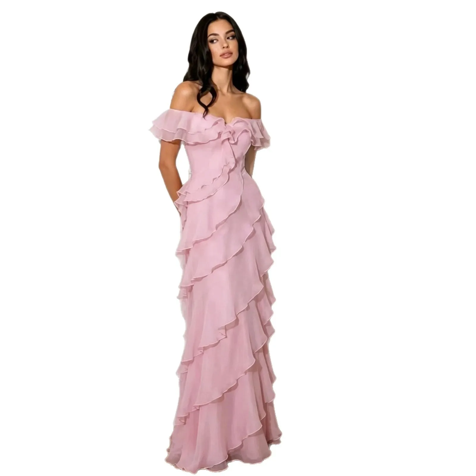 Ruffle Single Gown Fitted Pure Desire Style with Elegant Off Shoulder Zipper Closure Ruffled Skirt Dress Summer for Women