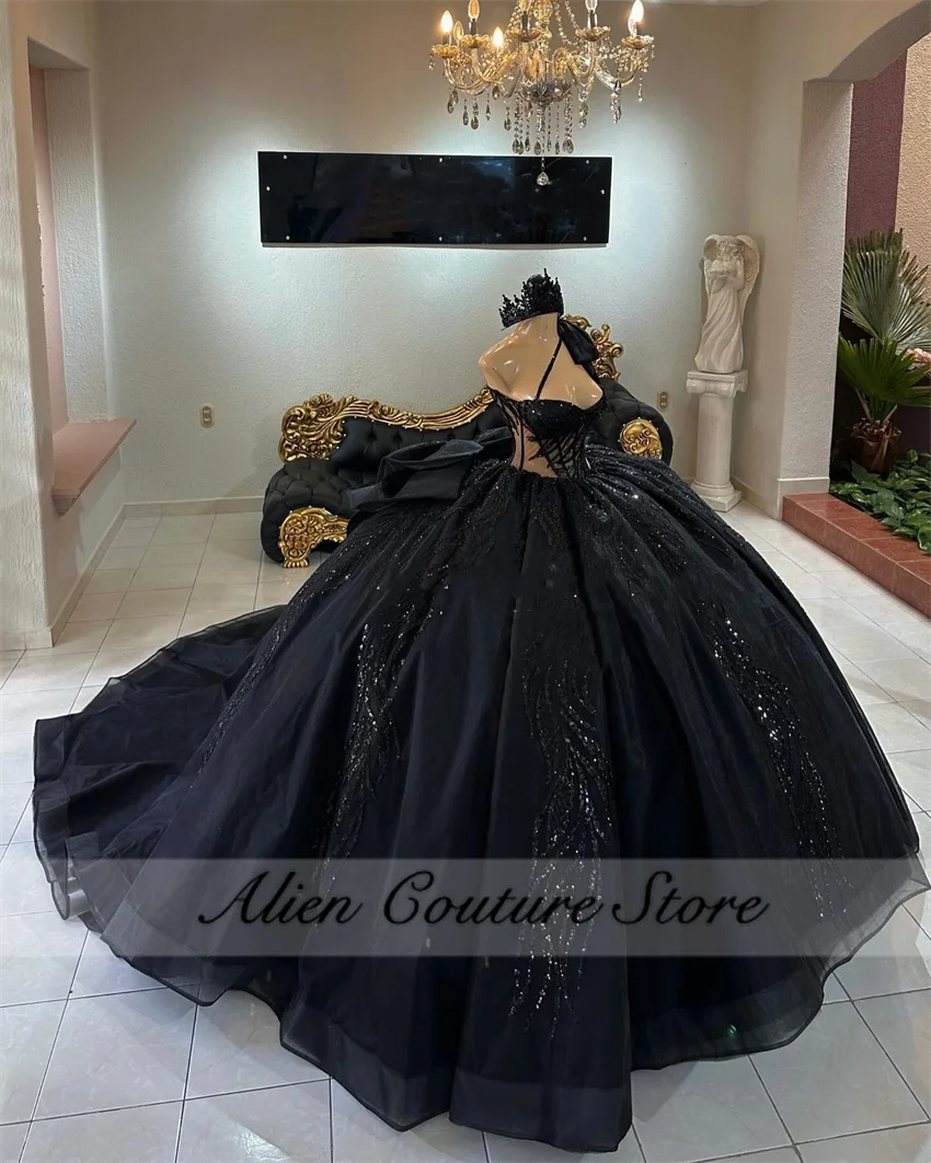 Exquisite Black Princess Ball Gown Quinceañera Dress Beading Sequins Appliques With Bow Birthday Party For 15th Girls Customized